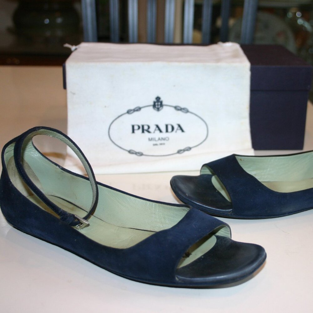 PRADA Italy Size 8M Vintage Navy Suede Flats Open Toe Ankle Strap
